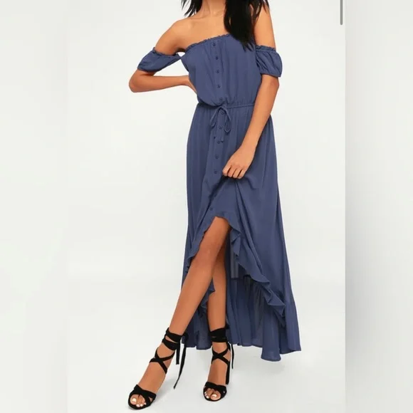 blue jean high low dress Denim Button Detail Dress - Blue main image 1